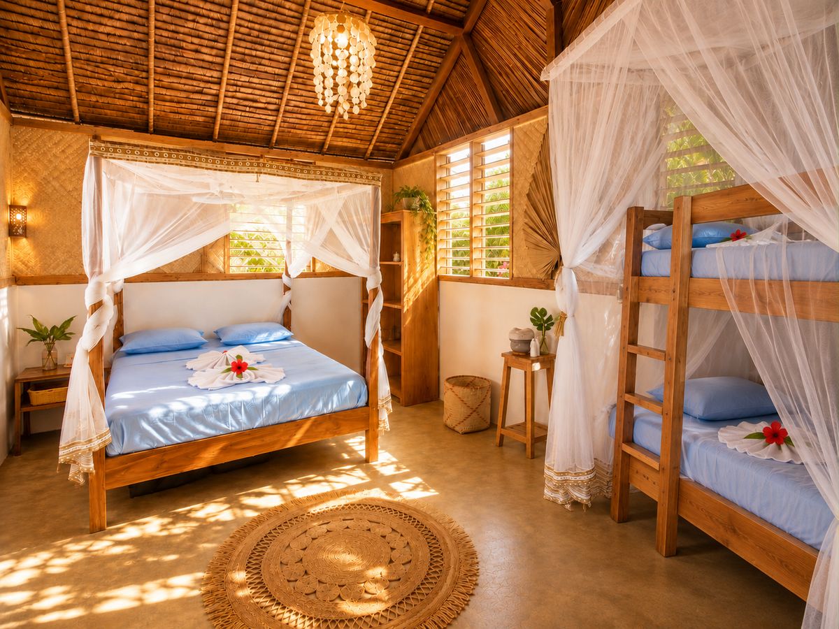 La chambre avec lit à baldaquin, moustiquaire et lit superposé