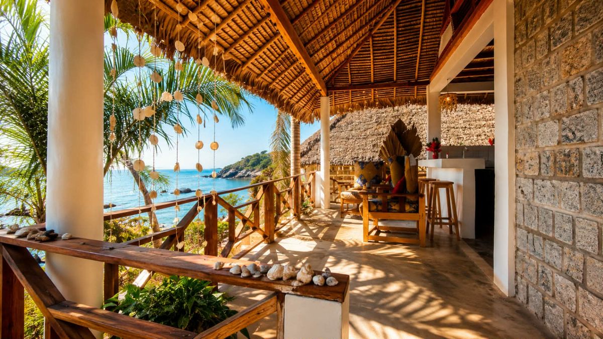 La terrasse couverte du bungalow, avec son bar face à l’océan