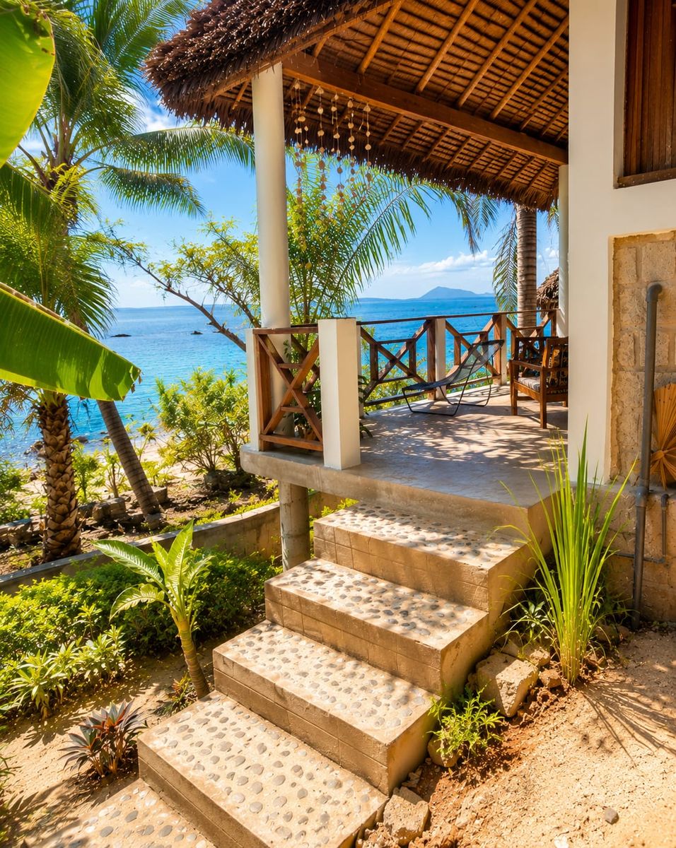 Les marches du jardin et la terrasse du bungalow Soleil, face au lagon